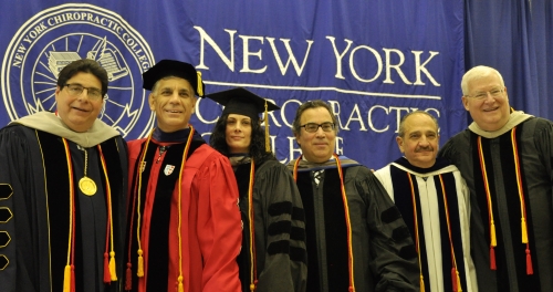 Pictured with NYCC President Dr. Frank J. Nicchi (far left) are Drs. John J. Spano, Michelle J. Lester, and Lloyd Kupferman, newly inducted ACC fellows;  Dr. Frank S. Lizzio, NYCC trustee; and Dr. Serge Nerli, ACC president and former NYCC trustee.